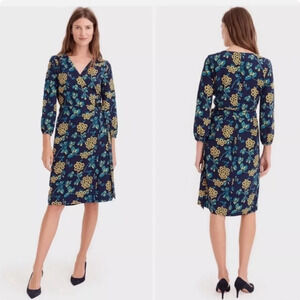 NEW J.Crew Golden floral‎ wrap dress in 365 crepe sz 0 K0109 Navy/Yellow